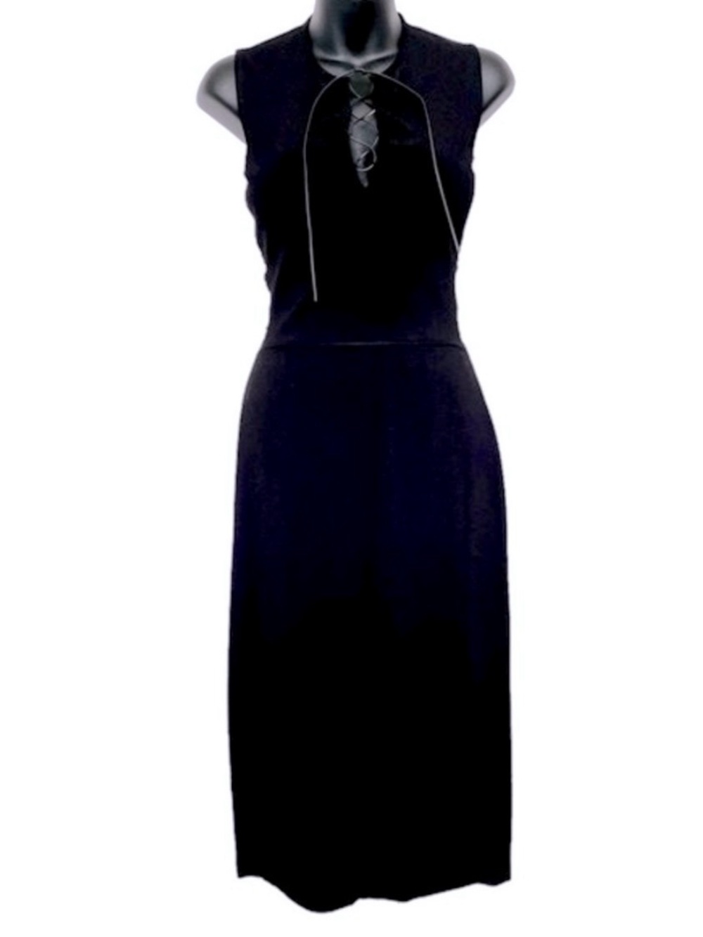 Vintage Gucci Black Sheath Dress Leather Lace-Up Neck Ruched Designer Dress Med - Picture 12 of 12